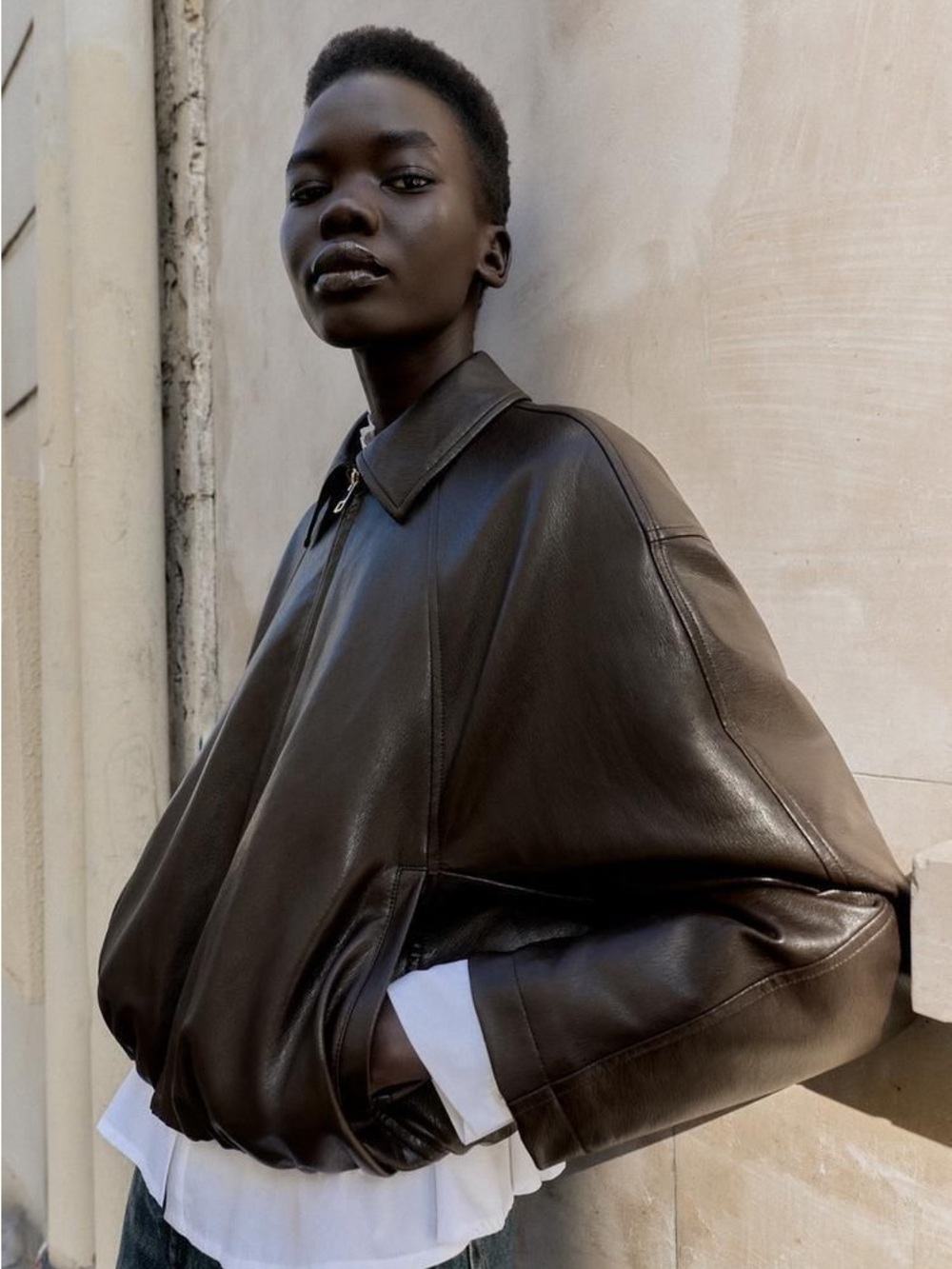 Zara Faux Leather Cropped Bomber Jacket Brown Size M